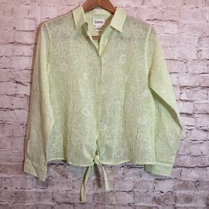 Aegean Top Womens Small Lime Green Crinkle Floral Semi Sheer Tie Front Button Up